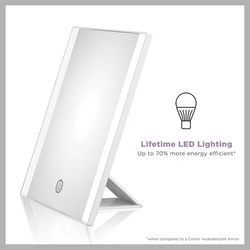Vista 2 de Conair Espejo de maquillaje iluminado, espejo de tocador LED con base ajustable, funciona con pilas en blanco brillante