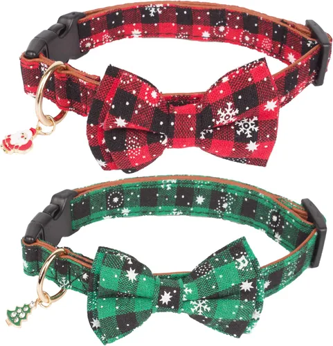 Vista 7 de ADOGGYGO Collar de Navidad para perro con pajarita, collar ajustable con corbatín para perro, collar de Navidad a cuadros rojos y verdes para perros