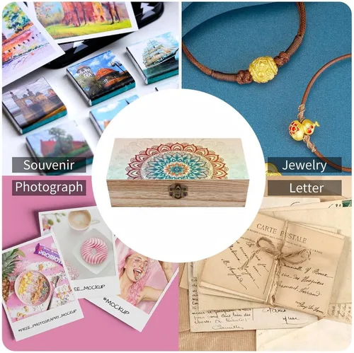 Vista 5 de Mandala Floral Wooden Storage Box with Hinged Lock,Decorative Handmade Keepsake Jewelry Chest, Elegant Retro Decor Boxes, Compact Organizer Box for