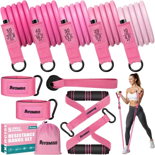 Ayombo Resistance Bands with Handles for Women, 150LBS Exercise Bands Set for Physical Therapy Yoga Pilates, 5 Level Workout Bands for Working Out
