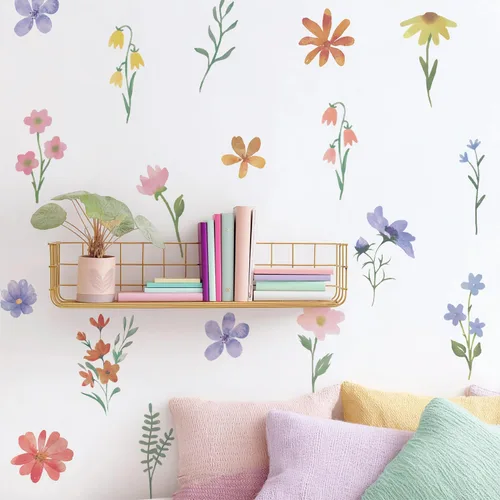 Vista 14 de funlife 72 PIEZAS Adhesivos de pared de flores de acuarela, para pegar y quitar, decoración de pared para dormitorio de niñas, flores boho
