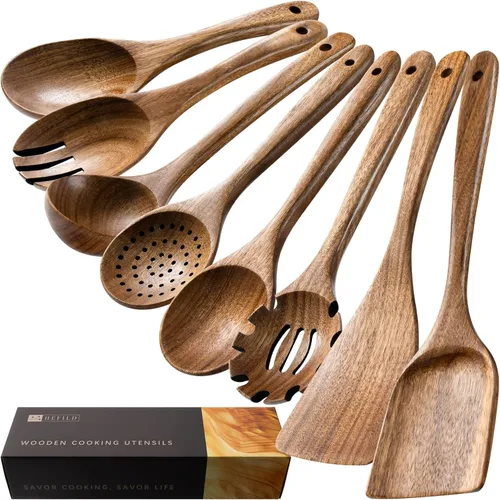 Vista 6 de cucharas de madera para cocinar, juego de utensilios de cocina antiadherentes con 10 piezas de espátulas y cucharas de madera de acacia