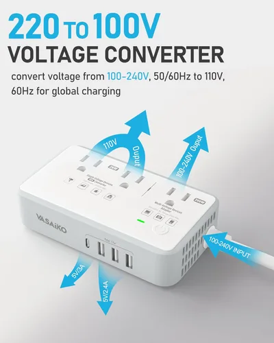 Vista 4 de Convertidor de voltaje de 220 V a 110 V de EE. UU. a Europa, convertidor de voltaje de 2000 W para viajes europeos con 3 puertos AC 2 USB-C 2 USB-A