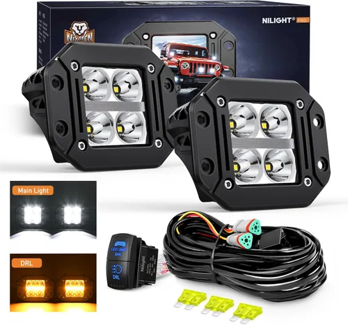 Nilight Luces LED de montaje empotrado con DRL ámbar, 2 unidades, haz de punto de 4.8 pulgadas, 20 W, 2510 lúmenes, luz de conducción reversa