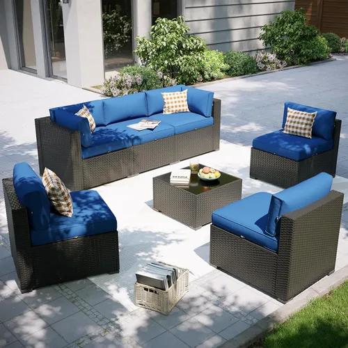 Vista 23 de Aoxun Juego de muebles de patio, 7 piezas de sofás modulares para exteriores con funda impermeable, muebles de mimbre para exteriores, juego