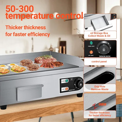 Vista 3 de Plancha Eléctrica de Encimera de 22" 1600W 110V Antiadherente Comercial para Restaurante Teppanyaki con Control de Temperatura Ajustable de Acero
