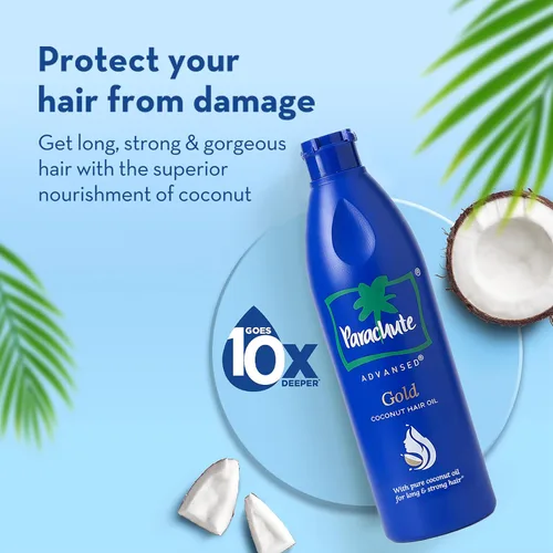 Vista 3 de Parachute Advansed Aceite de coco dorado con vitamina E Aceite de coco puro Para cabello largo, fuerte y nutrido Protección contra daños