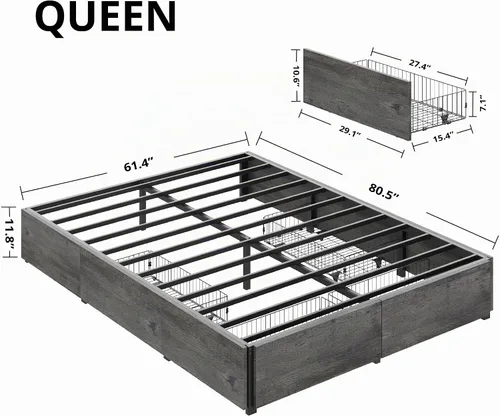Vista 2 de LIKIMIO Base de cama Queen con 4 cajones de almacenamiento, color gris Gris carbón