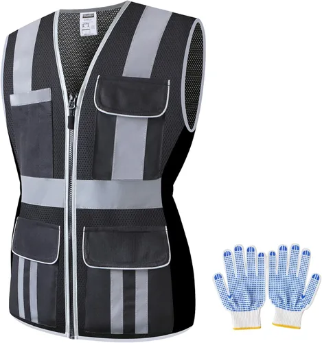 Vista 19 de Chaleco de seguridad para mujer, múltiples bolsillos, de alta visibilidad, reflectante, malla transpirable, chaleco de trabajo para dama, cremallera