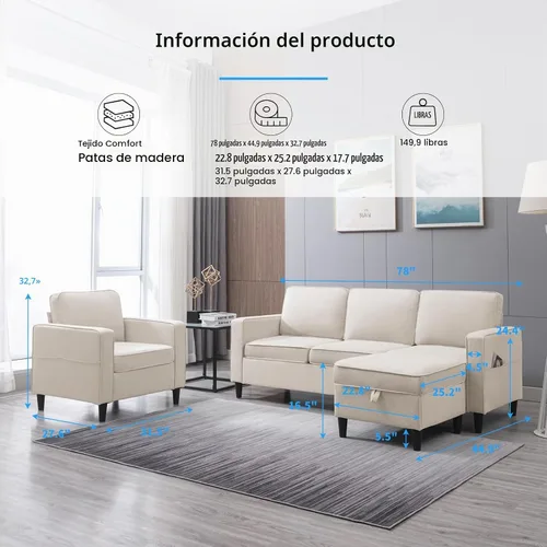 Vista 2 de PUREMIND Juego de sofá de 2 piezas, moderno juego de sofá y silla en forma de L de lino con otomana de almacenamiento y bolsillo lateral, sofás Beige