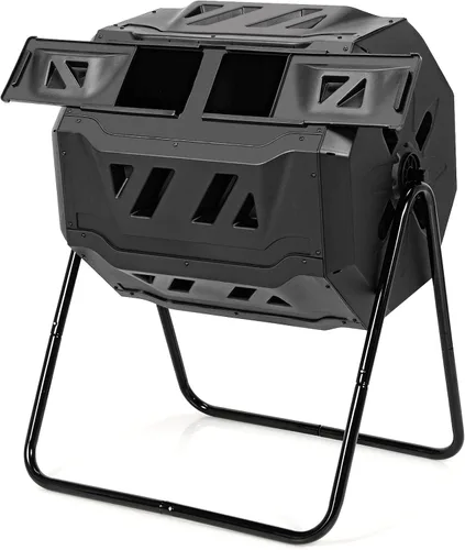 S AFSTAR Contenedor de compostaje para exteriores de 43 galones, vaso de abono de doble cámara con 2 puertas correderas y guantes incluidos