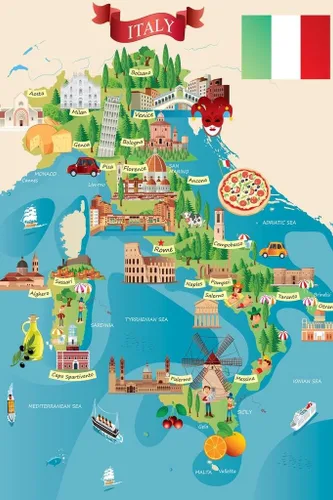 Póster con diseño de mapa ilustrado de destinos turísticos italianos y de viaje, 24 x 36