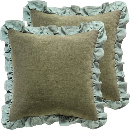 Vista 11 de patdrea Shabby Chic - Juego de 2 fundas de almohada decorativas amarillas de 18 x 18 pulgadas, fundas de almohada de lino con volantes, funda