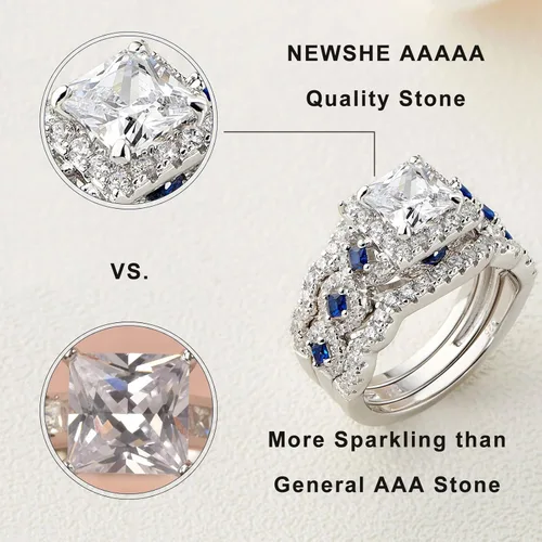 Vista 4 de Newshe - Juego de anillos de compromiso de plata de ley 925, 3 piezas de 2,5 quilates, color blanco, azul, talla 5 10