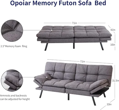 Vista 2 de Opoiar Sofá cama futón, pequeño sofá de espuma viscoelástica de tela de lino dividido, moderno y convertible para espacios de vida compactos