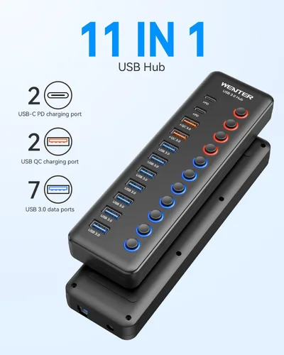 Vista 2 de Wenter - Hub USB 3.0 alimentado, divisor de concentrador USB de 11 puertos (7 puertos de transferencia de datos más rápidos + 4 puertos de carga QC)