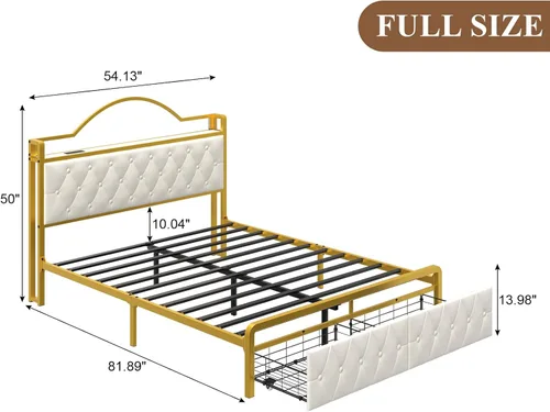 Vista 2 de E-Motie Bastidor de cama tamaño matrimonial en color blanco con 2 cajones de almacenamiento, luces LED y estación de carga. Plataforma tapizada