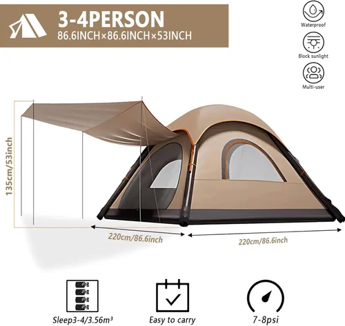 Vista 2 de Automatic Inflatable Tent with Air Pump, 2/4/6 Person Family Tents for Camping with 2-3 Min Set Up, Windproof Waterproof Tents with Mosquito Screen