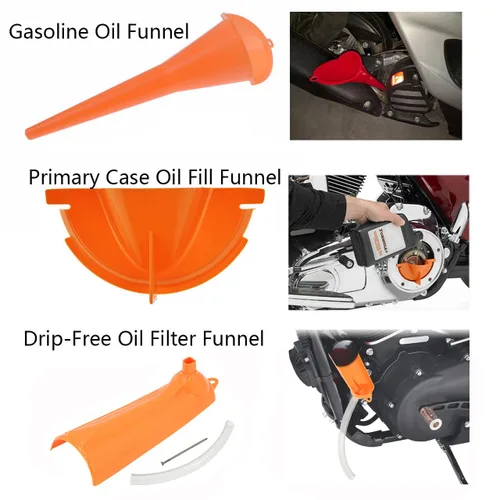 Vista 2 de HDBUBALUS Juego de embudo de llenado de cárter para llenado de aceite y tapones de drenaje primarios compatibles con Harley Orange