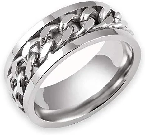 Spinner Ring Men, Silver Braided Band for Wedding,Custom Engraved Stainless Steel, Inlay Chain, Gift for Him