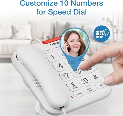 Vista 3 de Teléfono con cable VTech SN1107 con botones sobredimensionados de alto contraste, dígitos parlantes para personas mayores, marcación rápida de 10