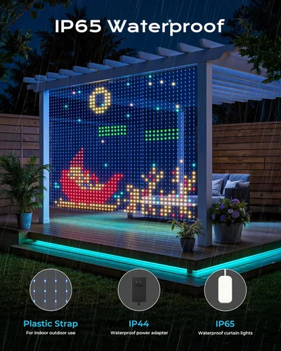 Vista 4 de 400 luces LED RGBIC inteligentes para cortina con GIF de bricolaje, 6.6 x 6.6 pies, luces de pared navideñas que cambian de color con aplicación