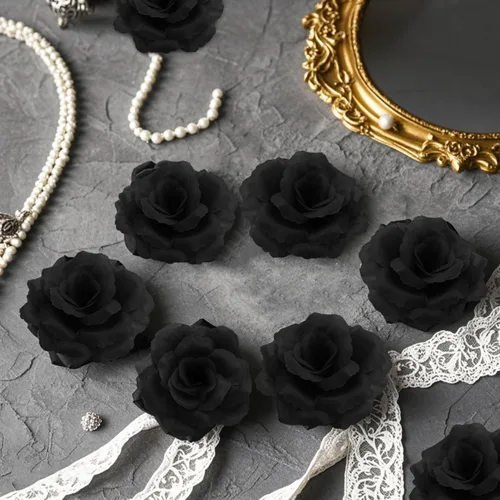 Vista 6 de Flores artificiales de rosas, 50 unidades de rosas negras a granel con tallo, cabeza de flor falsa de rosa de seda de 3 pulgadas para boda, fiesta