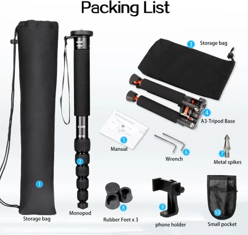 Vista 9 de Monopie de cámara Koolehaoda de aluminio con base de trípode de metal. 6 secciones 18-69 pulgadas ajustables, diámetro de pata Φ28mm, hasta 13lbs