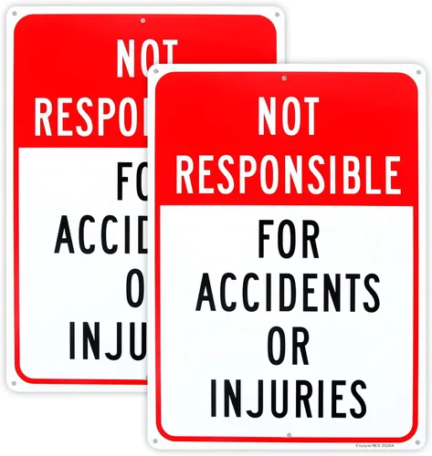 Paquete de 2 letreros de "No responsable de accidentes o lesiones", "Enter at Your Own Risk Sign", 12 x 8 pulgadas, aluminio libre de óxido 040,