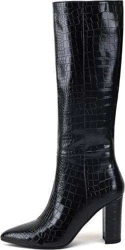 Vista 7 de Modatope Botas altas de equitación para mujer hasta la rodilla, altas y largas, botas de cocodrilo de imitación GoGo, tacón de bloque, punta