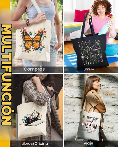 Vista 8 de AUSVKAI Bolsa de lona estética para mujer, lindas bolsas de algodón reutilizables de tela para compras, playa, comestibles, Libro de flores de gato