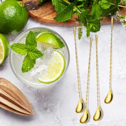 Vista 7 de Boao 4 cucharas de cóctel, cucharas agitadoras, mango largo, acero inoxidable, patrón en espiral, herramienta mezcladora de cóctel, 12 pulgadas