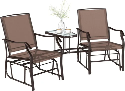 Vista 12 de Outsunny Sillas planeadoras para exteriores con mesa auxiliar, mecedora de 2 asientos para patio, sofá biplaza con correa transpirable para patio