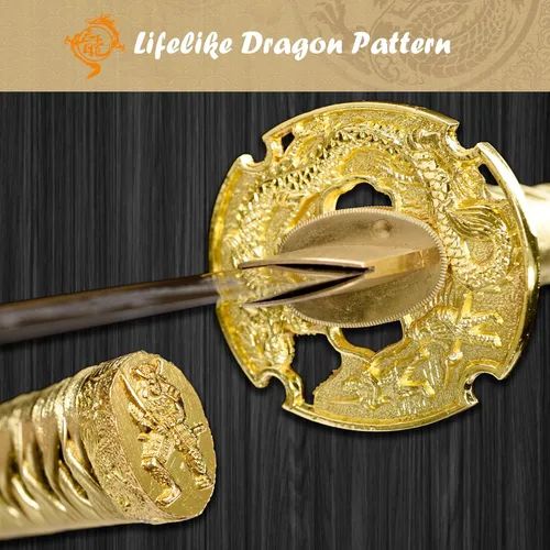 Vista 5 de 40.6 pulgadas de acero de alto carbono al horno dragón de oro japonés Katana Samurai Espada Full Tang jian