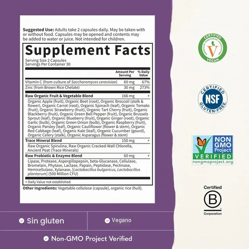 Vista 3 de Garden of Life Suplemento de zinc crudo Vitamin Code de 30 mg, 60 cápsulas