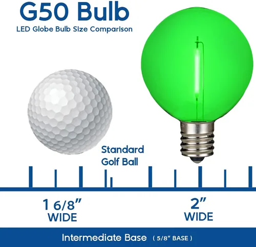 Vista 6 de Novelty Lights Paquete de 25 bombillas LED de filamento verde G50, base intermedia E17/C9, equivalente a 7 vatios, bombillas de repuesto