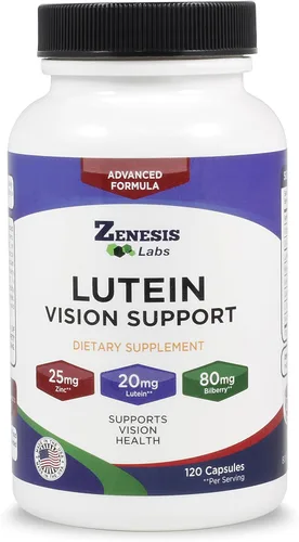 Zenesis Labs Lutein Vision Support - Vitamina esencial para los ojos - con arándano, betacaroteno, zinc, semilla de uva y otros minerales - 120