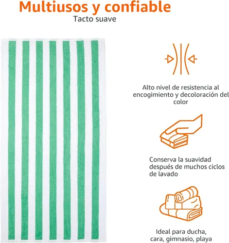 Vista 4 de Yaxa Basics - Paquete de 2 toallas grandes de 100% algodón terry con diseño cabana a rayas, suaves y absorbentes, de secado rápido, para piscina
