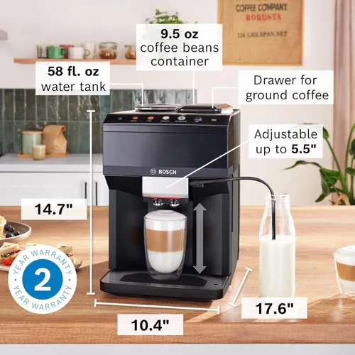 Vista 8 de Bosch 500 Series Máquina espresso y de café completamente automática – Panel de control táctil, manguera de leche, molinillo de cerámica, utiliza
