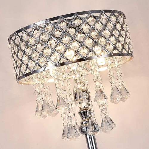 Vista 3 de Hsyile KU300256 Mini lámpara de pie de cristal europeo para sala de estar, dormitorio, oficina, acabado cromado, 3 luces