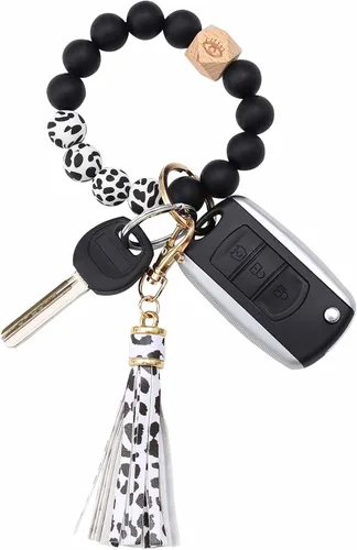 BAOSIWA Pulsera de cuentas de silicona con llavero de pulsera para mujer con borla de cuero