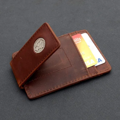 Vista 5 de US 1926 Mercury Dime 90% Silver 10 Cent Coin Magnetic Money Clip and Wallet Combo New - Crazy Horse Water Buffalo Leather