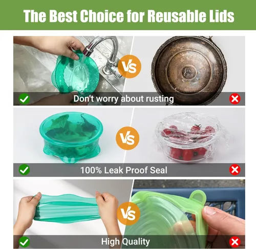 Vista 3 de Tapas elásticas de silicona para almacenamiento de alimentos en el refrigerador, fundas elásticas reutilizables para tazas, latas, tarros