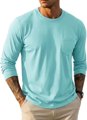 Vista 18 de MAGCOMSEN Camisa de manga larga para hombre con bolsillo, de algodón, cuello redondo, casual, ligera