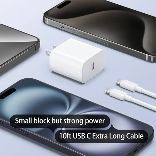 Vista 3 de Cable de 10 pies para Apple iPhone 16 15 Pro Max, cargador de carga rápida, iPad, AirPods 4 (USB-C), 20 W tipo C Blcok de 10 pies de largo, cable
