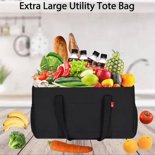 Vista 2 de RVSNQ Bolsa de mano extra grande, bolsas de comestibles plegables reutilizables, bolsa plegable con marco de alambre de metal y tablero inferior