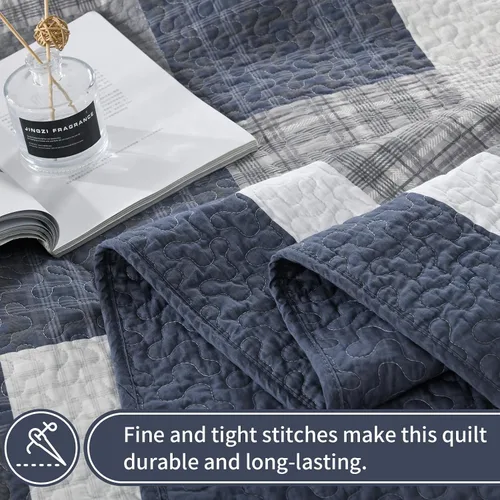 Vista 4 de KALOOLA Colchas de granja tamaño Queen – Juego de ropa de cama acolchado ligero 100% algodón, 3 piezas, colcha a cuadros estampada con 2 fundas