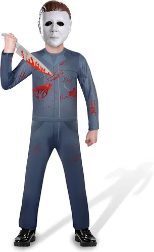 Byriady Michael Costume for Kids Scary Killer Jumpsuit Cosplay with Zombie Mask Toy Knife 4-12 Years