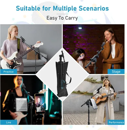 Vista 2 de GUITTO Soporte de piso para micrófono con soporte para teléfono/tableta, soporte de micrófono ajustable con base resistente, soporte de doble