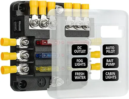 Caja de bloque de fusibles de 12 voltios, panel de fusibles impermeable para barco con indicador de advertencia LED, 6 circuitos con bus negativo